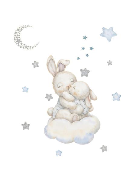 طرح آبرنگی آغوش خرگوش‌های مهربان روی ابر و ستاره برای پوستر دیواری سه بعدی اتاق نوزاد و ست روتختی کودک