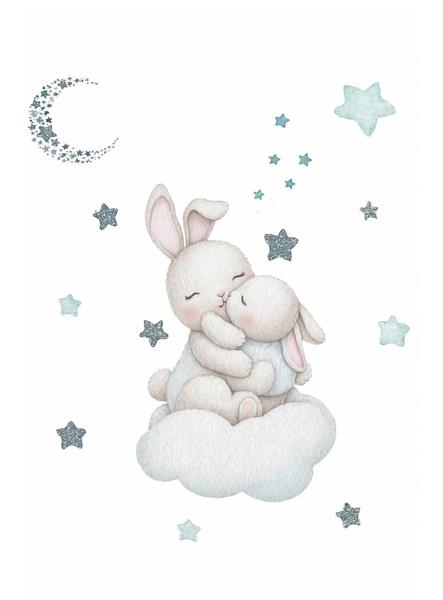 پوستر دیواری فانتزی خرگوش‌های عاشق روی ابر با تم ستاره و ماه برای اتاق خواب نوزاد و لابی بخش اطفال