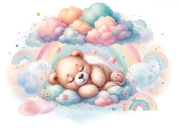 تصویر رویایی خرس خوابیده روی ابر و رنگین‌کمان مناسب کاغذ دیواری اتاق نوزاد و چاپ روی کالای خواب کودک