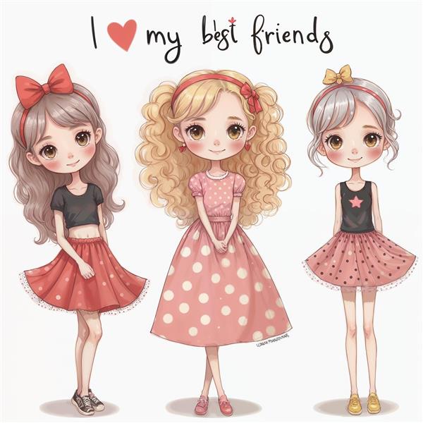 طرح دختران شاد با دامن‌های پف‌دار صورتی و خال‌خالی سفید برای پوستر دیواری عریض و تزیین دیوار پشت تختخواب کودک