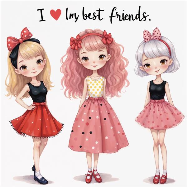 تصویر دختران فانتزی با دامن‌های خال‌خالی و رنگ صورتی ملایم جهت نصب در اتاق خواب، مهدکودک و چاپ بر روی لیوان و ماگ