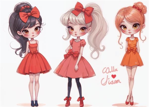 عکس باکیفیت دختربچه‌های ملوس با پاپیون‌های بزرگ قرمز ایده عالی برای کاغذ دیواری مهدکودک و تزیین دفترچه یادداشت