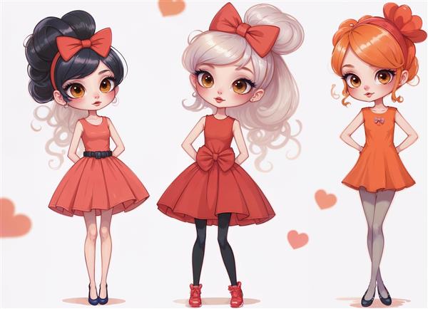 تصویر کارتونی سه دختربچه با پیراهن‌های قرمز و نارنجی فانتزی مناسب پوستر دیواری اتاق کودک و نوزاد و چاپ روی روتختی