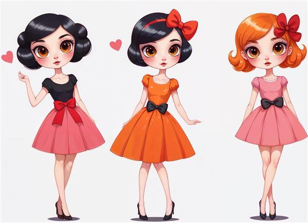 سه شخصیت کارتونی دخترانه فانتزی با لباس‌های رنگی برای پوستر دیواری اتاق دخترانه، مهدکودک و دفترچه یادداشت