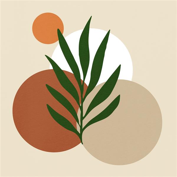 ترکیب برگ سبز و دایره‌های خاکی رنگ مدرن برای پوستر دیواری سالن زیبایی، کلینیک و دکوراسیون مینیمال منزل