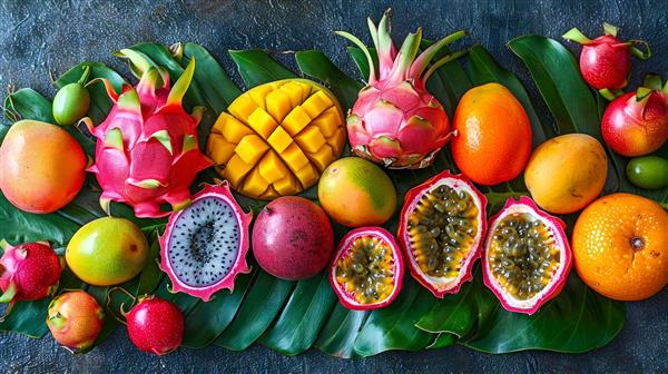 چیدمان میوه‌های استوایی و دراگون فروت روی برگ‌های پهن برای پوستر دیواری آبمیوه فروشی و تابلوی دکوراتیو کافه بار