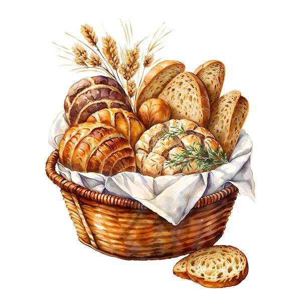 نقاشی آبرنگی انواع نان در سبد چوبی با طراحی کلاسیک مناسب برای پوستر دیواری فودکورت، پرده چاپی آشپزخانه و رومیزی