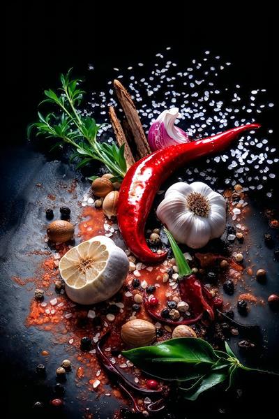 ترکیب‌بندی هنری ادویه‌جات معطر، سیر و فلفل قرمز روی زمینه تیره ویژه پوستر دیواری آشپزخانه صنعتی، رستوران‌های ایتالیایی و عطاری‌ها