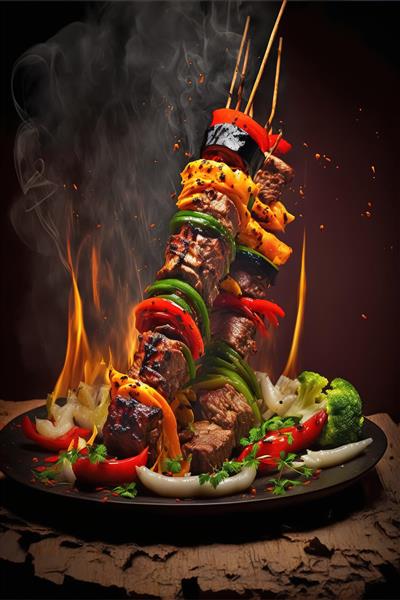 تصویر هیجان‌انگیز کباب گوشت و سبزیجات گریل شده با شعله آتش و دود برای پوستر دیواری رستوران، منوی کترینگ و دکور فست‌فود