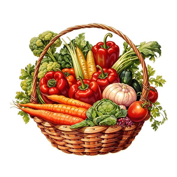 سبد حصیری مملو از سبزیجات تازه شامل فلفل دلمه‌ای، هویج و سیر با سبک نقاشی برای پوستر دیواری آشپزخانه و دکوراسیون میوه‌فروشی لوکس