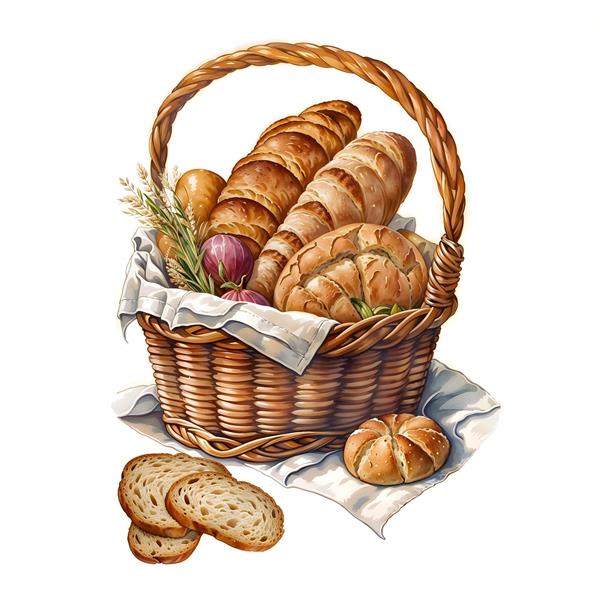 تصویر دوربری شده سبد حصیری نان‌های فانتزی و باگت با خوشه‌های گندم ویژه چاپ روی بنر نانوایی، تابلوی دکوراتیو آشپزخانه و کاور دفترچه یادداشت