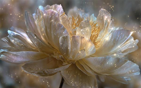 تصویر هنری تک گل صدتومانی درخشان با ذرات معلق نور ویژه چاپ پوستر دیواری عریض و قاب عکس دکوراتیو اتاق نشیمن و تالار