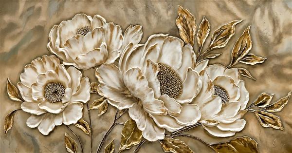 طرح برجسته و لاکچری گل‌های صدتومانی سفید و طلایی روی زمینه اطلسی برای پوستر دیواری سه بعدی و پشت تختخواب هتل و ویلا