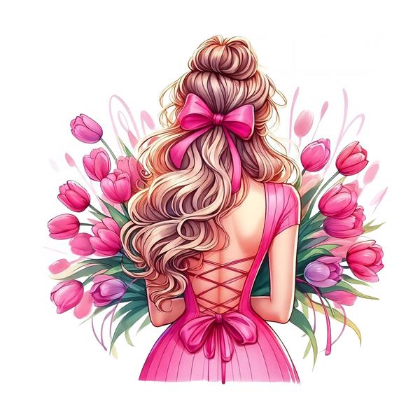 تصویر فانتزی دختر از پشت سر با لباس صورتی و موهای پاپیون زده در میان گل‌های لاله برای چاپ پوستر ولنتاین