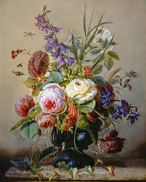 تابلوی نقاشی کلاسیک گلدان گل‌های متنوع سده ۱۸ میلادی مناسب پوستر دیواری هتل و تالارهای لوکس