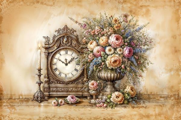 طرح نوستالژیک ساعت قدیمی و گلدان گل وینتیج مناسب پوستر دیواری کافی‌شاپ و محیط‌های کلاسیک