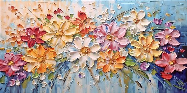 پوستر دیواری رنگارنگ با طرح نقاشی برجسته گل‌های بهاری ایده آل برای فضاهای شاد و اتاق نشیمن