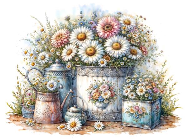 طرح آبرنگی قوری و سطل گل‌های بابونه صحرایی مناسب چاپ روی شید آباژور، کوسن و پوستر دیواری