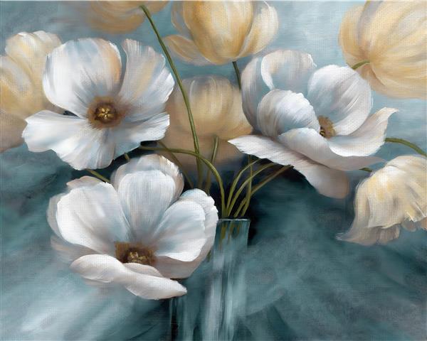 نقاشی هنری گل‌های سفید در گلدان شیشه‌ای با تم ملایم مناسب پوستر دیواری پذیرایی و لابی ویلا