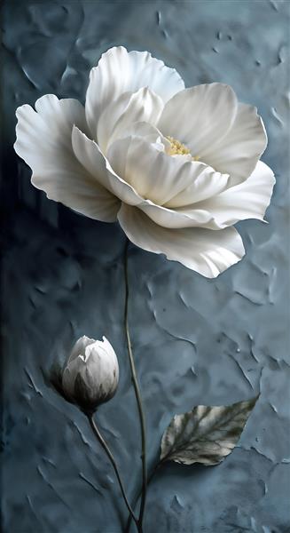 طرح عمودی تک گل سفید مینیمال با بافت سنگی پس‌زمینه ویژه پوستر دیواری راهرو و تابلو دکوراتیو