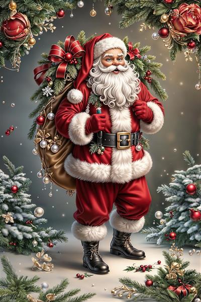 پوستر دیواری کریسمس با طرح بابانوئل و کیسه هدایا مناسب دکوراسیون ویترین فروشگاه و اتاق کودک