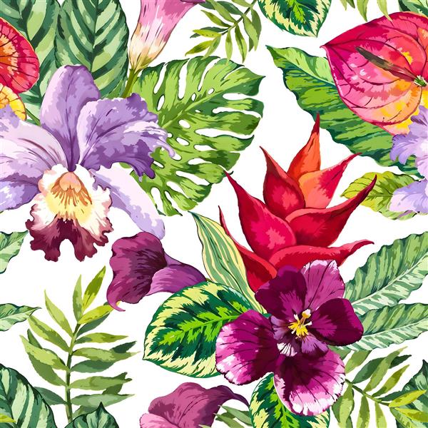 الگوی بدون درز گیاهان استوایی و گل ارکیده مناسب برای چاپ پرده، کوسن و پوستر دیواری پذیرایی