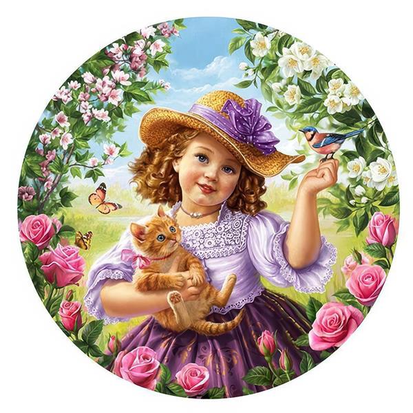 طرح فانتزی دختر بچه و گربه در میان گل‌ها مناسب کاغذ دیواری اتاق کودک، مهدکودک و روتختی