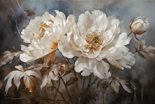 پوستر دیواری طرح نقاشی گل‌های صدتومانی سفید و کرم با استایل وینتیج برای پشت تخت خواب و لابی