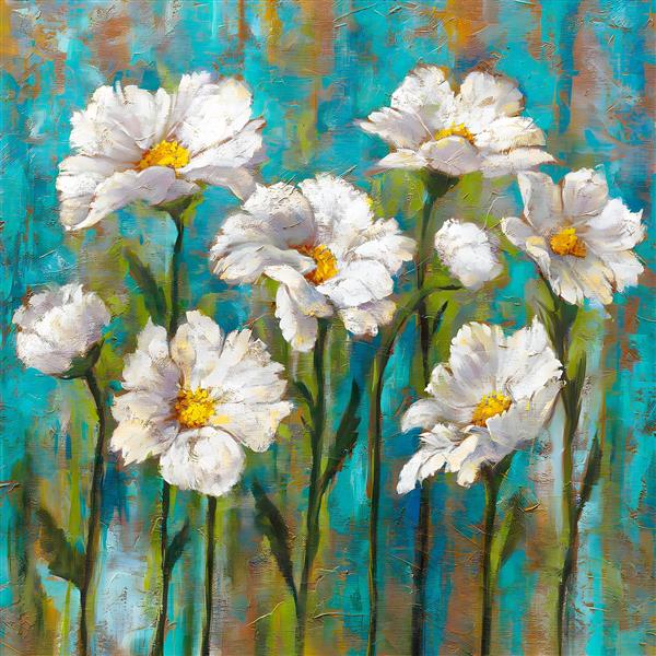 نقاشی مدرن گل‌های آفتاب‌گردان سفید با پس‌زمینه فیروزه‌ای ویژه پوستر دیواری و بوم دکوراتیو اتاق کودک