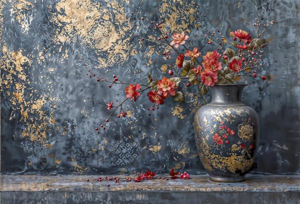 پوستر دیواری طرح گلدان عتیقه ژاپنی بر روی پس‌زمینه کهنه و هنری برای دکوراسیون سالن مدیتیشن
