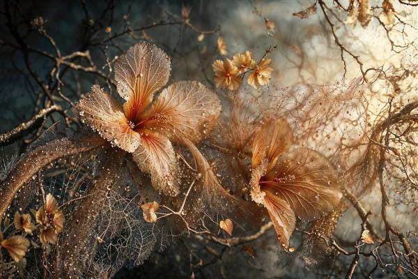 تصویر هنری گل‌های خشکیده با تم قهوه‌ای و نورپردازی ملایم برای قاب عکس دکوراتیو و فضای آرامش