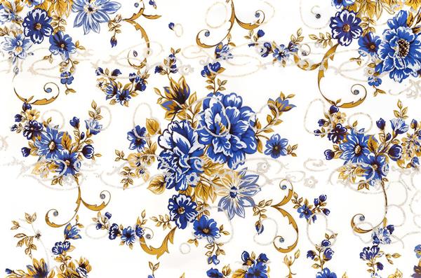 الگوی اسلیمی گل‌های آبی و طلایی لوکس مناسب برای چاپ پارچه مبلی، روتختی و کاغذ دیواری پذیرایی
