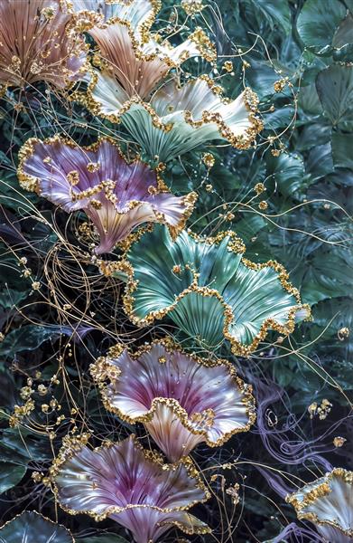 طرح فانتزی گل‌های کریستالی درخشان با لبه‌های طلایی برای پوستر دیواری سه بعدی اتاق خواب و لابی