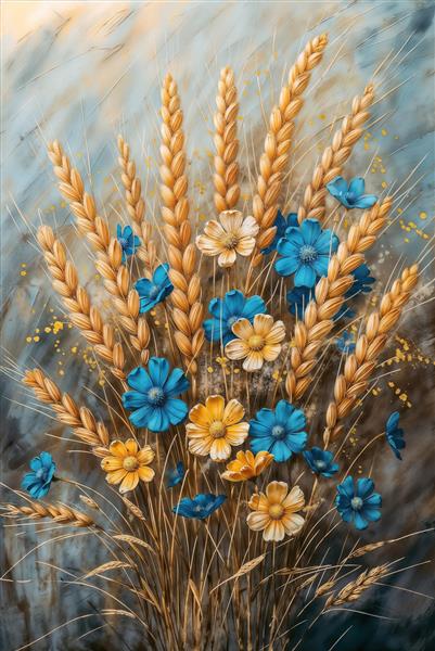 نقاشی هنری خوشه‌های گندم و گل‌های آبی وحشی ویژه چاپ روی پرده و پوستر دیواری رستوران و کافی‌شاپ