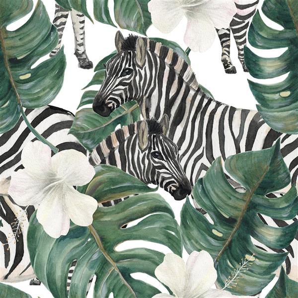 پوستر دیواری طرح گورخر و برگ‌های استوایی با گل‌های سفید ویژه دکوراسیون ویلا و اتاق نشیمن