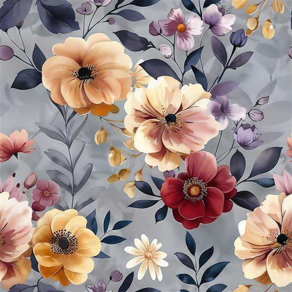 طرح بدون درز گلگلی با رنگ‌های گرم و بنفش تیره ویژه چاپ پارچه، رومیزی و پوستر دیواری اتاق خواب