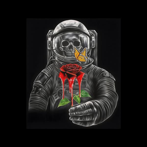 طرح گرافیکی خاص فضانورد و اسکلت با گل رز قرمز مناسب برای تیشرت، دفترچه و پوسترهای اتاق جوانان