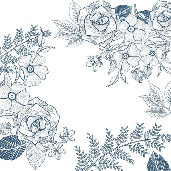 الگوی خطی گلهای رز آبی و سفید مناسب برای روتختی، کاغذ دیواری و چاپ روی ظروف تزیینی