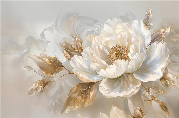 پوستر دیواری سه بعدی طرح تک گل سفید و طلایی برجسته برای پشت تختخواب و دیوارهای دکوراتیو