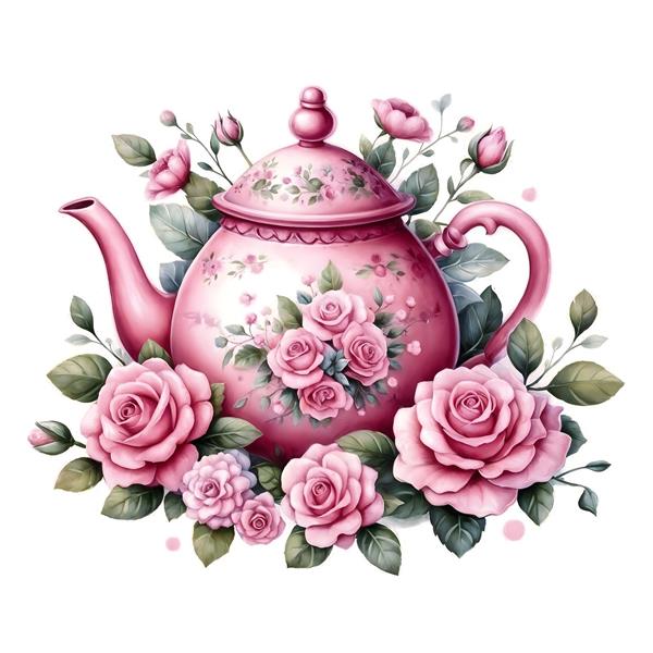 طرح فانتزی قوری صورتی با گل رز برای چاپ روی ماگ، کوسن و پرده اتاق خواب دخترانه و آشپزخانه