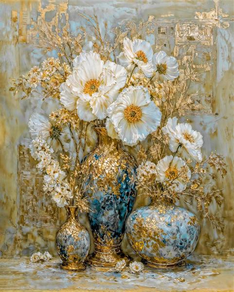 تابلو بوم دکوراتیو طرح گلدان‌های کلاسیک با گل‌های سفید و جزئیات طلایی لوکس مناسب سالن پذیرایی و لابی هتل