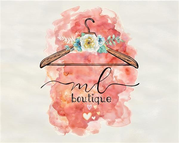لوگو آرت بوتیک لباس با المان چوب‌لباسی و شکوفه‌های آبرنگی صورتی برای تابلو دکوراتیو مزون و چاپ روی ساک خرید و کارت ویزیت