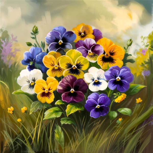 نقاشی رنگارنگ گل‌های بنفشه وحشی در چمن‌زار برای پوستر دیواری مهدکودک، پانسیون حیوانات و چاپ روی ملحفه و کالای خواب کودک