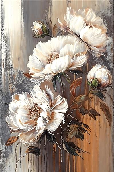 تصویر عمودی گل‌های خشخاش سفید با بافت رنگ روغن و رگه‌های طلایی ویژه پوستر دیواری راهرو و تابلوهای دکوراتیو عمودی لابی