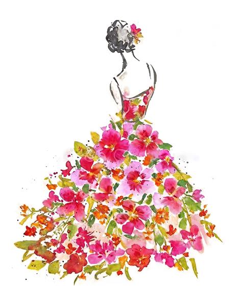 نقاشی آبرنگی انتزاعی از فیگور زن با دامن پوشیده از گل‌های سرخ برای پوستر دیواری سالن مد و مزون‌های لباس عروس و مجلسی