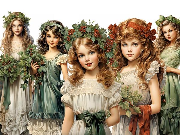 کاراکترهای مینیاتوری دختران فرشته با تاج گل‌های پاییزی مناسب چاپ کتاب داستان، پوستر دیواری اتاق کودک و تم تولد فانتزی