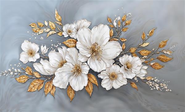 طرح مدرن گل‌های سفید و برگ‌های طلایی بر روی پس‌زمینه طوسی ابروبادی برای پوستر دیواری پشت تلویزیون و رومیزی‌های شیک