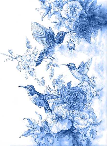 مونوکروم آبی مرغ مگس‌خوار و گل‌های بهاری با تم آبرنگی برای پوستر دیواری مطب پزشک، کلینیک‌های زیبایی و کاغذ دیواری نشیمن