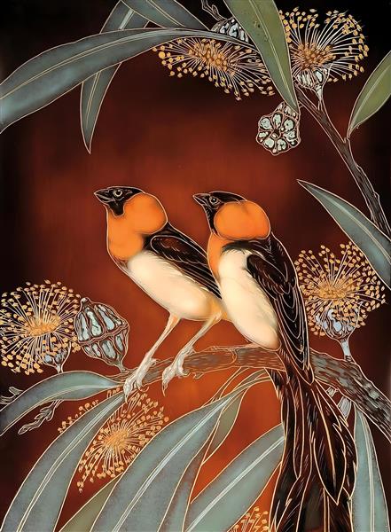 نقاشی پرندگان روی شاخه درخت با شکوفه‌های بهاری مناسب برای تابلو دکوراتیو اتاق نشیمن و پوستر دیواری با تم طبیعت گرم