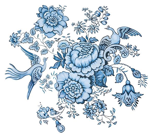 طرح اسلیمی پرنده و گل‌های ختایی به رنگ آبی کلاسیک مناسب برای چاپ فرش، رومیزی و پوستر دیواری سنتی خانه‌های ایرانی